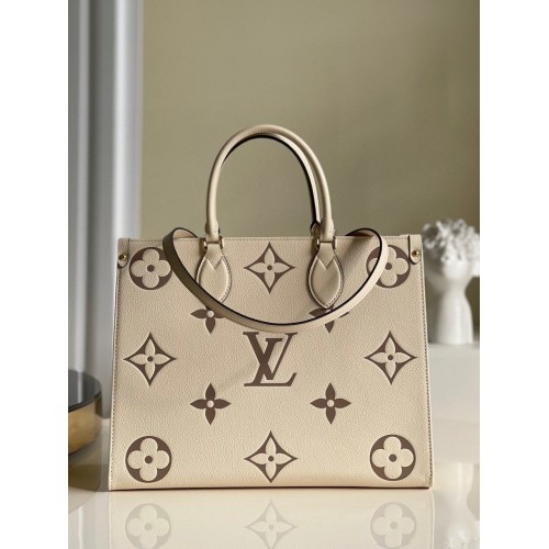 Bolso tote mediano Louis Vuitton Original Onthego crema M45495 Logotipo marrón