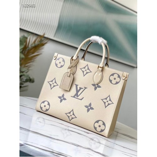 Bolso tote mediano Louis Vuitton Original Onthego crema M45495 Logotipo gris
