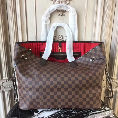 Lona Damier Ebene original de Louis Vuitton Neverfull GM N51106 Rojo