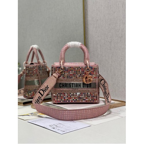 BOLSO MEDIANO LADY DIOR Bordado de cuentas 0650RKW Rosa coral