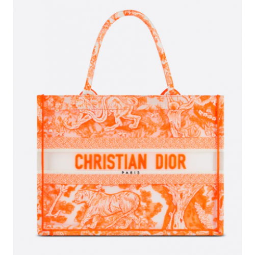 DIOR BOOK TOTE MEDIANO Naranja fluorescente Toile de Jouy Lona transparente M1296ZRVJ