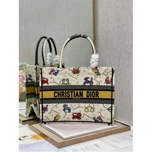 DIOR BOOK TOTE MEDIANO Latte Multicolor Dior Pixel Zodiac Bordado M1296ZRUV