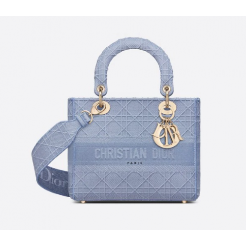 BOLSO MEDIANO LADY D-LITE Azul Denim Bordado Cannage M0565OR