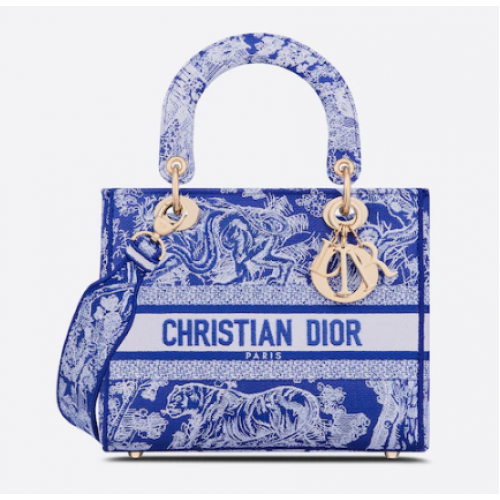 BOLSO LADY D-LITE MEDIANO Toile de Jouy Azul Fluorescente Bordado Inverso M0565OROC