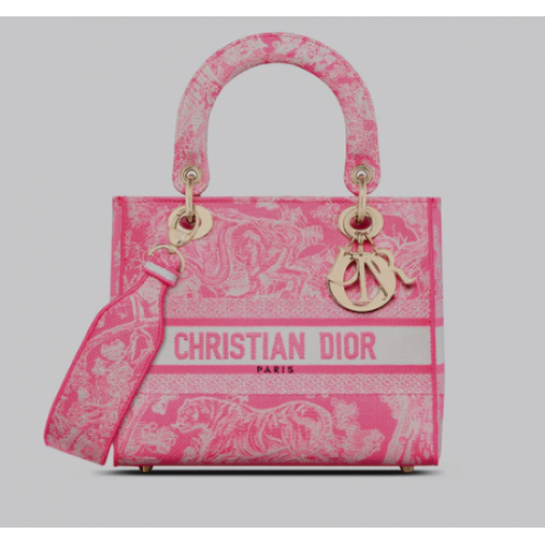 BOLSO LADY D-LITE MEDIANO Toile de Jouy Rosa Fluorescente Bordado Inverso M0565OROC