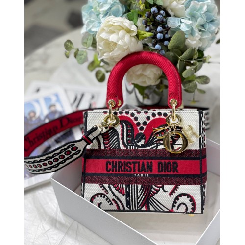 BOLSO MEDIO LADY D-LITE M8002 Rojo Multicolor Bordado Dior Arabesque
