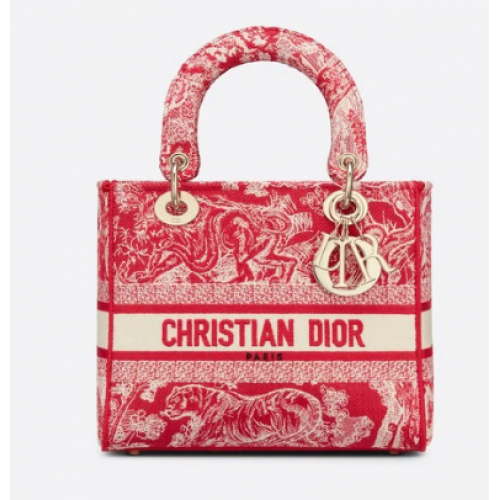 BOLSO MEDIANO LADY D-LITE Bordado Inverso Frambuesa Toile de Jouy M0565OR