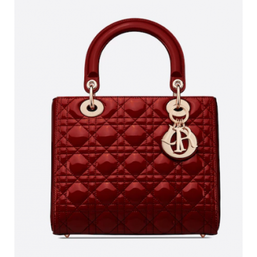 BOLSO LADY DIOR MEDIANO Piel de becerro Cannage charol rojo cereza M0565OW