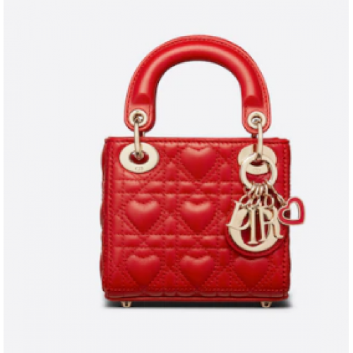 BOLSO LADY DIOR MICRO DIORAMOUR Piel de cordero Cannage rojo brillante con motivo de corazón S0856ON