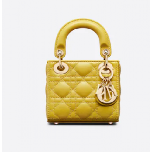 BOLSO MICRO LADY DIOR Piel de cordero amarillo mostaza Cannage S0856O