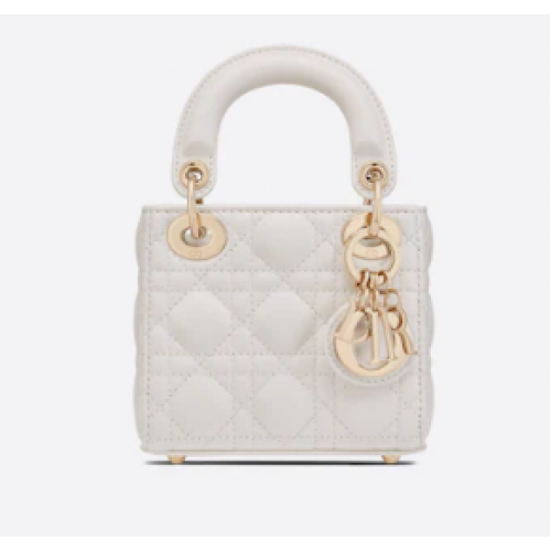 BOLSO MICRO LADY DIOR Piel de cordero Cannage escarlata S0856O blanco y dorado