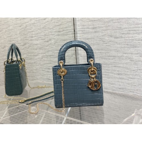 BOLSO MINI LADY DIOR Piel de becerro cocodrilo Cannage C0966 azul
