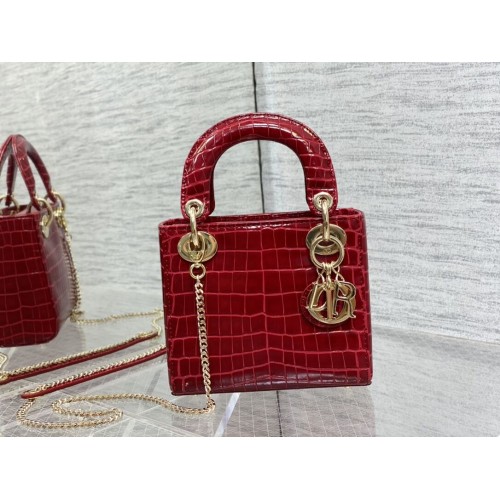 BOLSO MINI LADY DIOR Piel de becerro cocodrilo Cannage C0966 rojo
