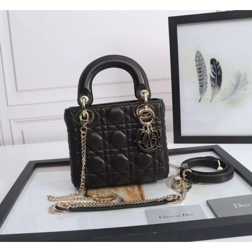 BOLSO MINI LADY DIOR Piel de cordero M0566OE negro y dorado