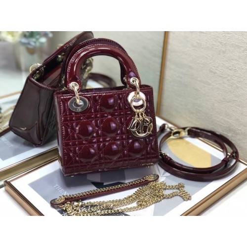 BOLSO MINI LADY DIOR Piel de becerro Cannage charol M0505O burdeos