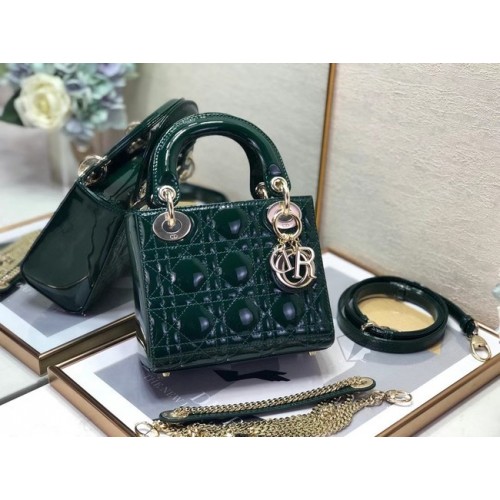 BOLSO MINI LADY DIOR Piel de becerro Cannage charol M0505O verde