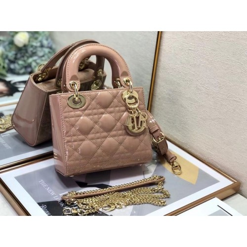 BOLSO MINI LADY DIOR Piel de becerro Cannage charol M0505O rosa claro