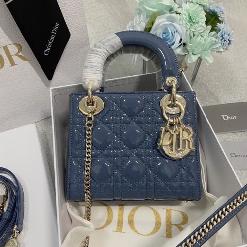 BOLSO MINI LADY DIOR Piel de becerro Cannage charol M0566OW Azul y dorado