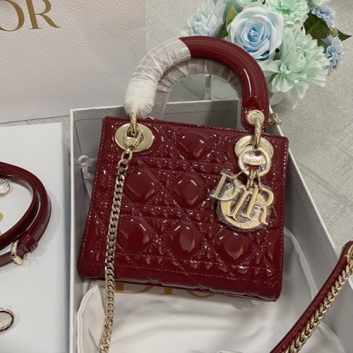 BOLSO MINI LADY DIOR Piel de becerro Cannage charol M0566OW Burdeos y dorado
