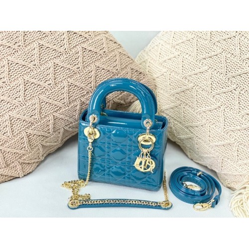 BOLSO MINI LADY DIOR Piel de becerro Cannage charol M0566OW Azul cielo y dorado