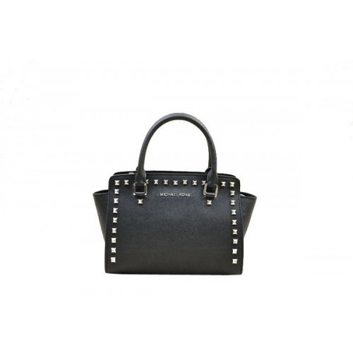 Michael Kors Bolso satchel mediano Selma de cuero negro con cremallera superior
