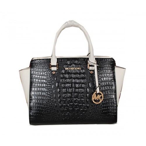 Bolso Michael Kors Selma en piel de cocodrilo MK0909 Blanco y negro