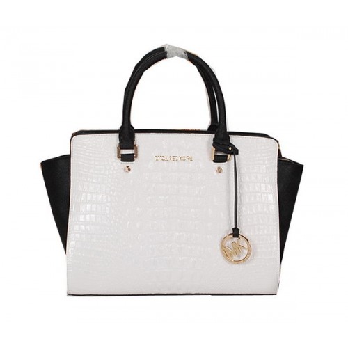 Bolso Michael Kors Selma en piel de cocodrilo MK0909 Blanco y negro