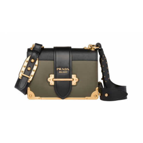 Prada Cahier bolso de hombro de cuero 1BD045 Caqui y negro