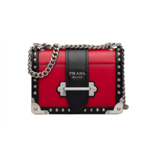 Prada Cahier bolso de cuero con tachuelas 1BD045-1 rojo y negro