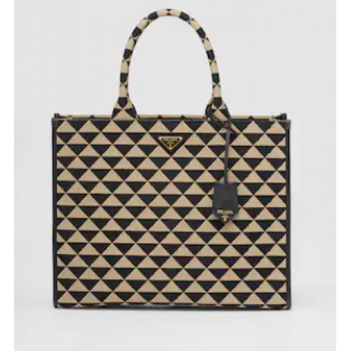 Prada Bolso de mano grande Prada Symbole en tejido jacquard 1BR255 Black&Beige