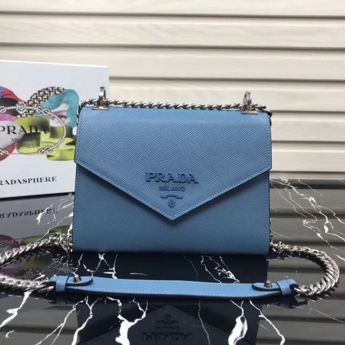 Bolso de piel Prada Monochrome Saffiano 1BD127 azul claro
