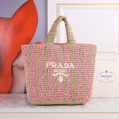Bolso tote de paja calado Prada A20270 Rosa