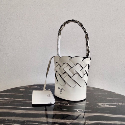 Prada Original Leather Woven Pattern Bucket Bag 1BG049 Blanco