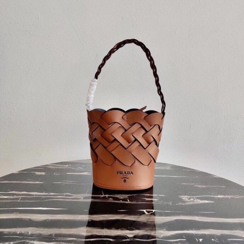 Prada Original Leather Woven Pattern Bucket Bag 1BG049 albaricoque