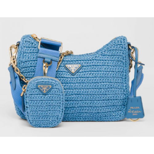 Bolso de rafia Prada Re-Edition 2005 1BH204 azul cielo