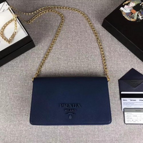 Prada Saffiano Logo Fold Over Shoulder Bag 1BP012 Azul
