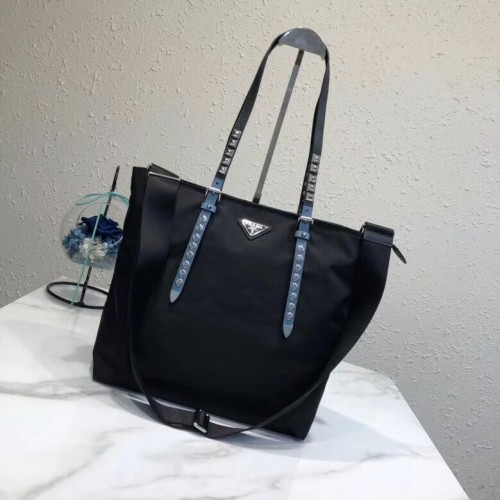 Bolso tote Prada de piel Saffiano y nailon 1BG212 negro y azul