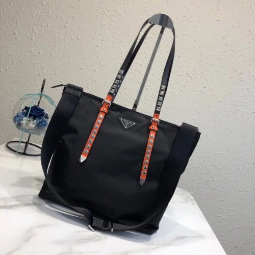 Bolso tote Prada de piel Saffiano y nailon 1BG212 negro y naranja