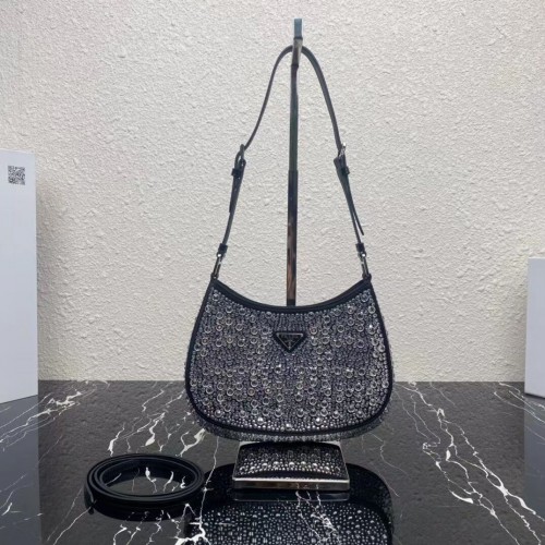 Prada bolso de hombro de cuero con cristales artificiales tote 1BN169 negro