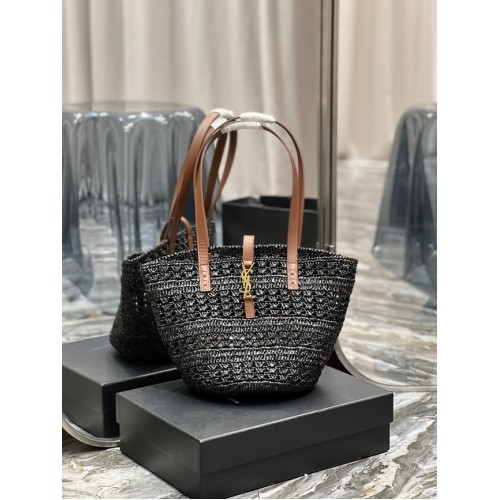BOLSO PEQUEÑO SAINT LAUREN PANIER DE RAFIA CROCHET Y PIEL LISA 685618 negro