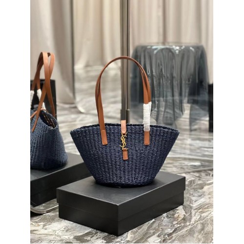 BOLSO PEQUEÑO SAINT LAUREN PANIER DE RAFIA CROCHET Y PIEL LISA 685618 azul oscuro