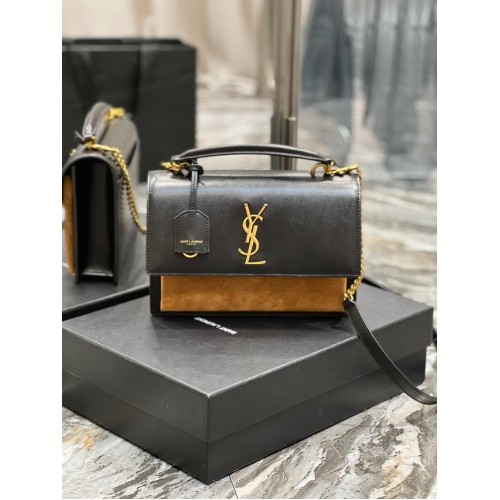 SAINT LAUREN SUNSET MEDIANO ASA SUPERIOR DE PIEL LISA 634723 NEGRO&marrón