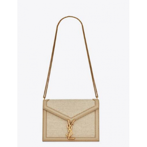 SAINT LAURENT CASSANDRA BOLSO MEDIANO CON CADENA EN LONA Y CAJA SAINT LAURENT PIEL 532750 BEIGE Y SAL MARINA