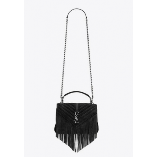 SAINT LAURENT COLLEGE BOLSO MEDIANO CON CADENA DE ANTE LIGERO CON FLECOS 5317050 negro