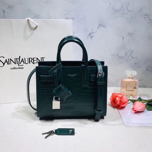 SAINT LAURENT Bolso para órganos de piel con relieve de cocodrilo 392035 Verde oscuro