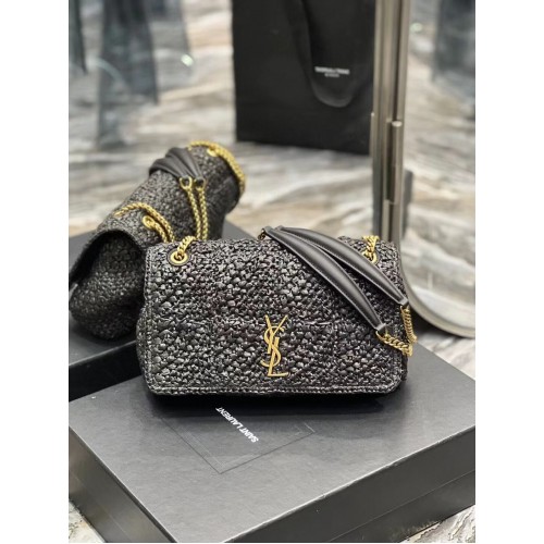 SAINT LAURENT JAMIE BOLSO CADENA MEDIANO CARRE RIVE GAUCHE DE RAFIA CROCHET Y PIEL LISA 515821 NEGRO