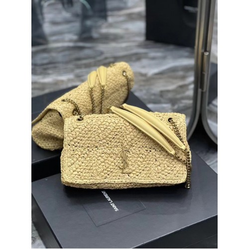 SAINT LAURENT JAMIE BOLSO CADENA MEDIANO CARRE RIVE GAUCHE DE RAFIA CROCHET Y PIEL LISA 515821 NATURAL