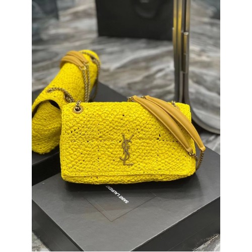 SAINT LAURENT JAMIE BOLSO CADENA MEDIANO CARRE RIVE GAUCHE DE RAFIA CROCHET Y PIEL LISA 515821 AMARILLO