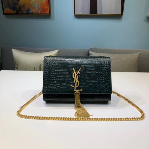 SAINT LAURENT Bolso de hombro Kate de piel grabada en cocodrilo 474366 Verde negruzco