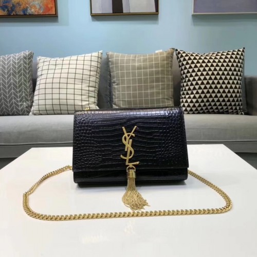 SAINT LAURENT Bolso de hombro Kate de piel repujada de cocodrilo 474366 negro